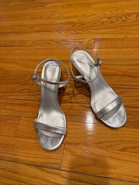 BP. Metallic Silver Ankle-Strap Block Heel Sandals